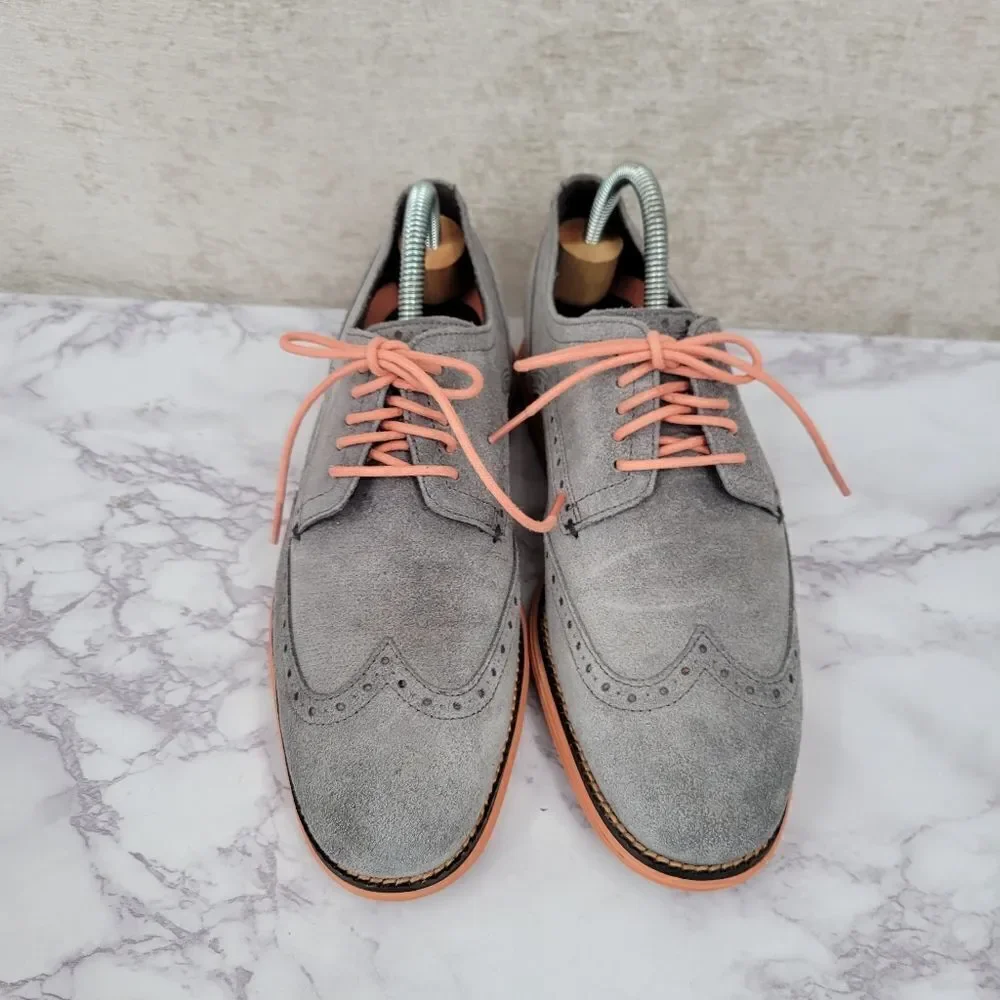 Cole Haan Original Grand Wingtip Oxford Gray Suede Coral Soles and Laces Men's